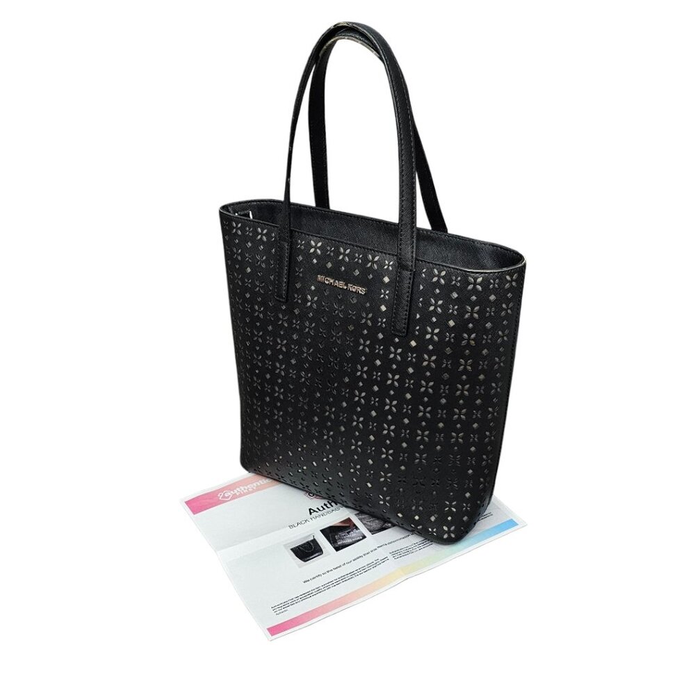Michael Kors Hayley Tote Laser-cut Leather Medium Black And Silver Handbag COA - Picture 7 of 15